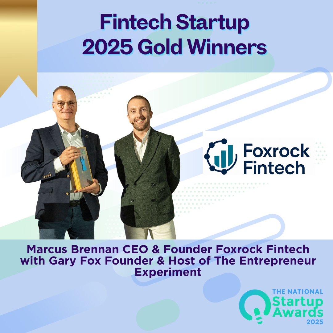 Marcus Brennan, CEO & Founder of Foxrock Fintech, receiving the National Startup Awards 2025 Gold Winner trophy